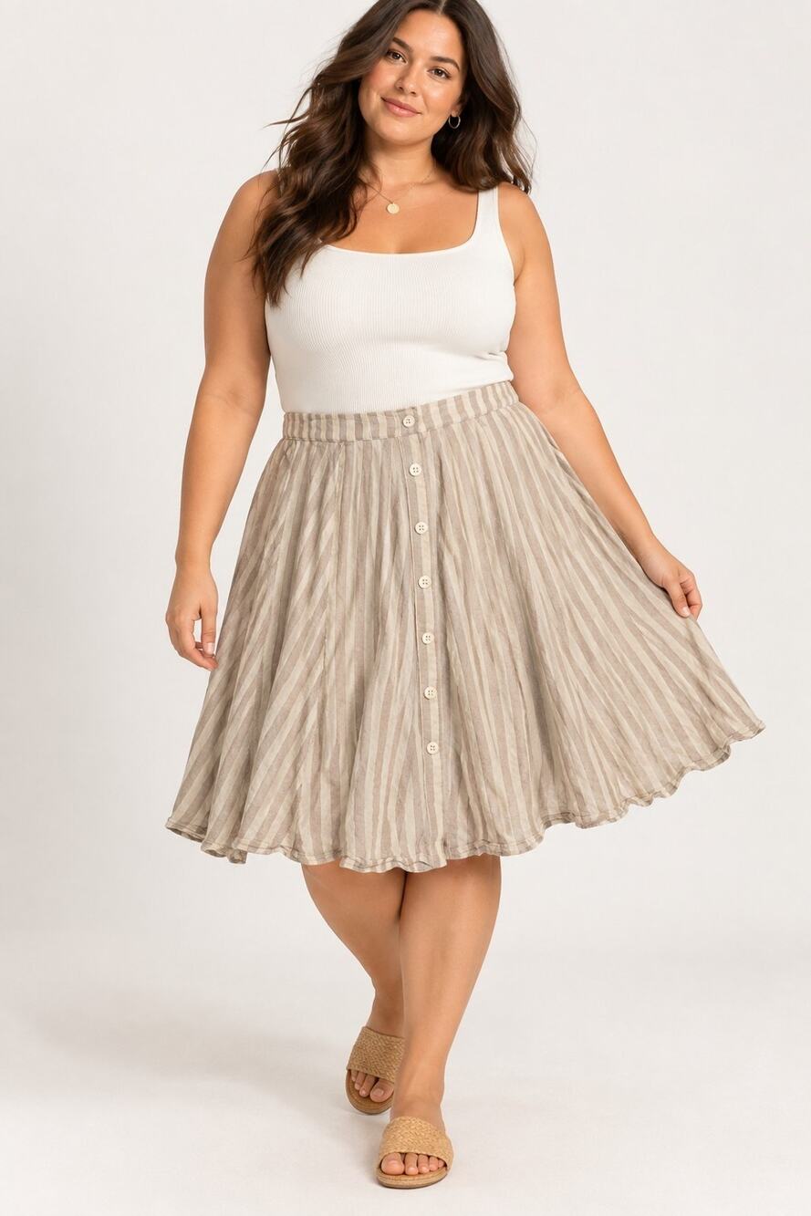 Torrid Size 2X Linen Cotton Striped Button Front A-Line Knee Length Skirt Boho